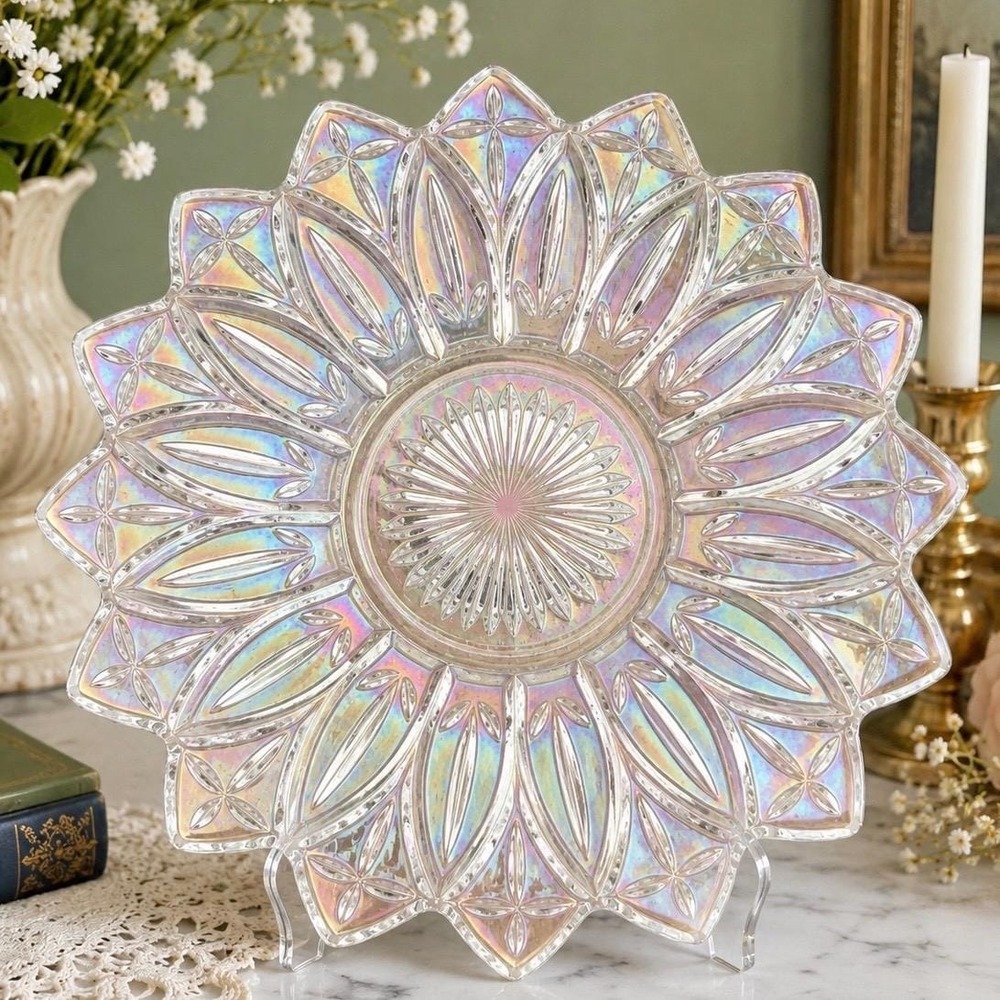 Federal Glass Celestial Starburst Iridescent Glass Platter Luster VTG 60s 11"